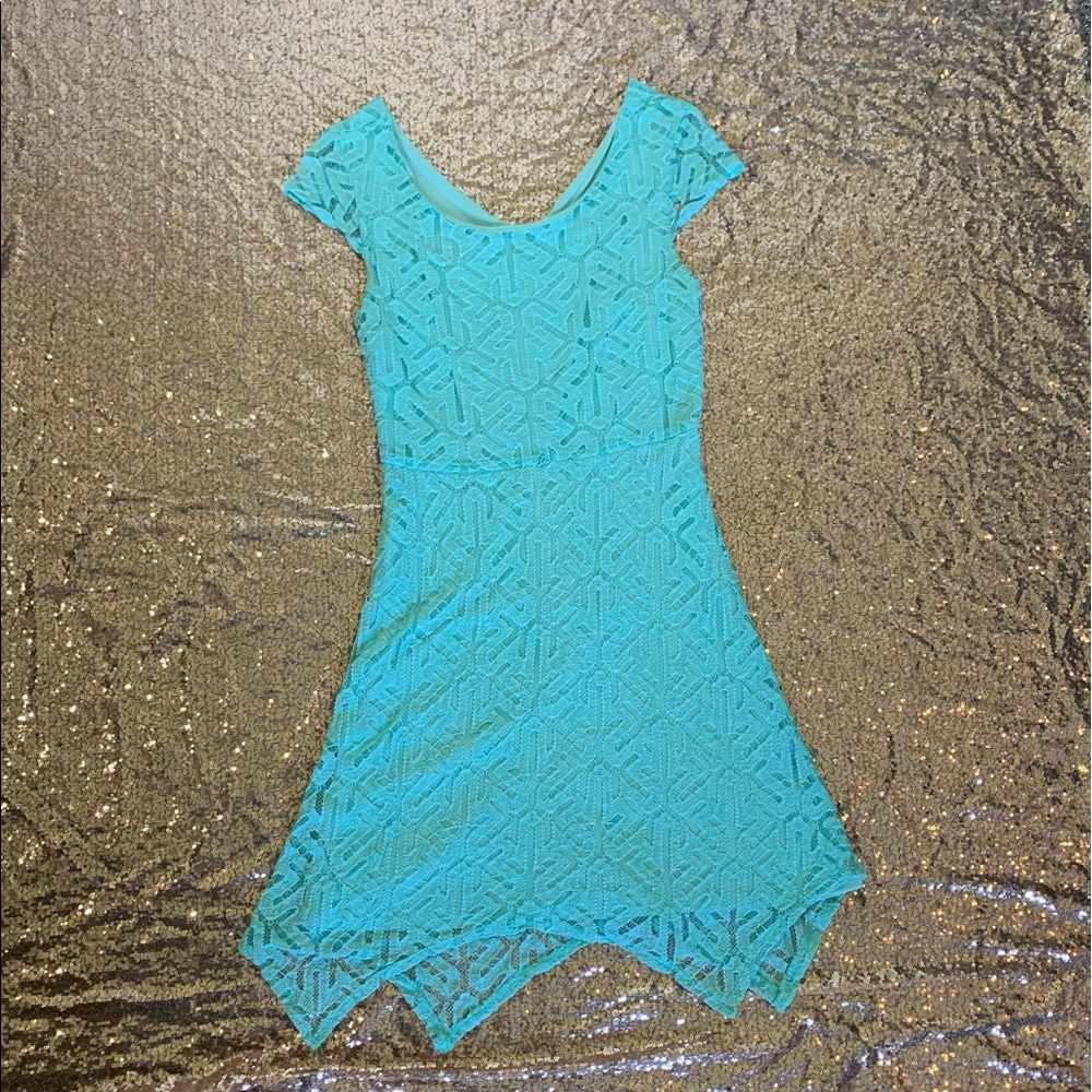 Cap sleeve lace midi dress with asymmetrical hem